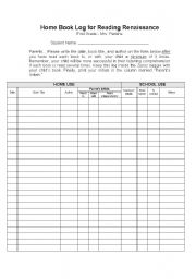 English worksheet: Home Book Log for Reading 