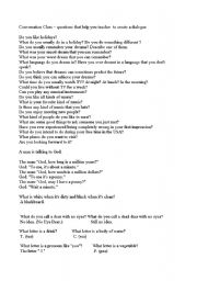 English Worksheet: Conversation class - questions that help you teacher to create a dialogue