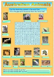 English Worksheet: Australian animals wordfind and gap filling