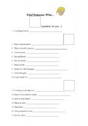 English worksheet: Find someone who?