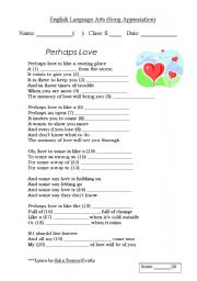 English Worksheet: Song Appreciation (Perhaps love)