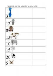 English worksheet: Write how many animals