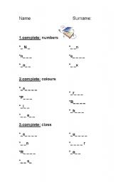 English worksheet: number, colours and class
