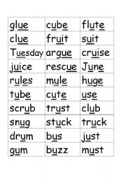 English worksheet: short/long u word cards