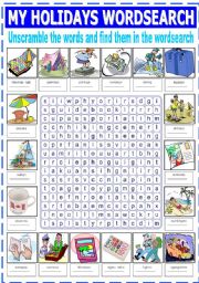 English Worksheet: MY HOLIDAYS WORDSEARCH