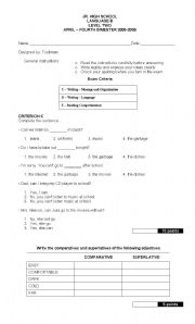 English worksheet: SEVEN GRADE TEST JR. HIGH