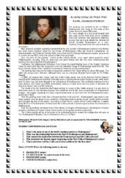 English Worksheet: SHAKESPEARES PORTRAIT READING COMPREHENSION (WITH ANSWERS)