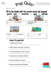 English worksheet: pop quiz for elemantary 