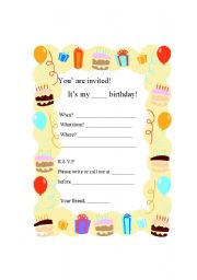 English Worksheet: Writing a Birthday Party Invitation Card