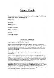 English worksheet: Mental Health Reading Comprehension