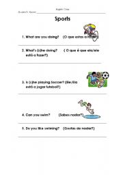 English worksheet: Sports with Portuguese guide lines