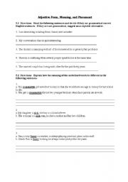 English worksheet: Adjective Form, Meaning, and Placement