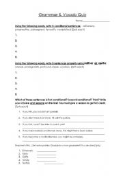 English worksheet: Conditionals and vocab Grammar Quiz