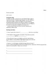 English Worksheet: Romeo and Juliet Act I, Scene I Worksheet