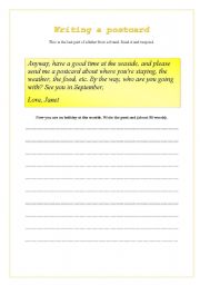 English worksheet: WRITING A POSTCARD