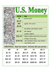 English Worksheet: U.S. Money -- Reading amounts [Pair work activity card]