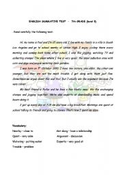 English Worksheet: Evaluation  test 7th grade