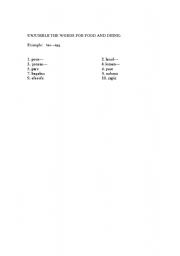 English worksheet: unjumble te words to find foods and drinks