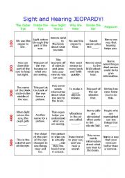 English Worksheet: Sight and Hearing Jeopardy Game