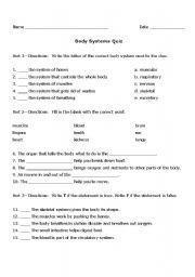 English worksheet: Body Systems Quiz