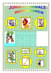 English worksheet: JUNGLE ANIMALS - WORDSEARCH