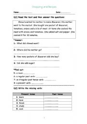 English worksheet: shopping and Recipes