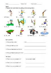 English worksheet: Sport & Rooms of the house (revision or test sheet)