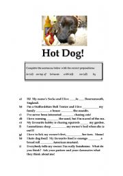 English Worksheet: For all dog lovers - HOT DOG ! -  Prepositions with a difference!!