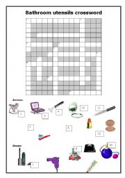 English worksheet: bathroom utensils crossword
