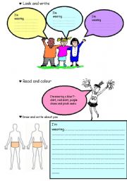 English worksheet: Look and write. Read and colour. Draw and write about you