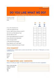 English worksheet: Supermarket comment card - Simple Present