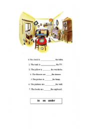 English Worksheet: in, on, under-describing the room