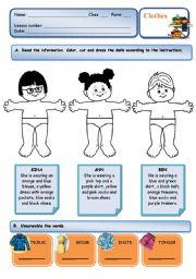 English Worksheet: Clothes - read, colour, cut and paste activity + unscramble