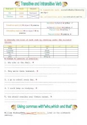 English Worksheet: Transitive and intransitive verbs + adding commas to relative clauses