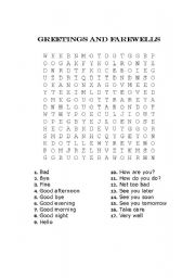 English Worksheet: Greetings and Farewells Word Search