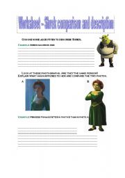 English Worksheet: Shrek- Comparative adjectives and description