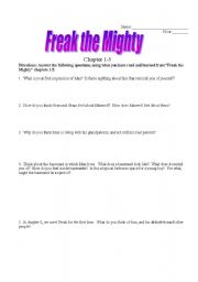 English Worksheet: Freak the Mighty Chpts 1-5