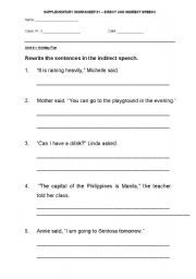 English worksheet: direct & indirect speech worksheet 1