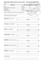English Worksheet: RESEARCH RESOURCE EVALUATION - INTERNET RESOURCE