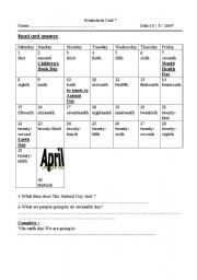 English Worksheet:  calendar
