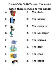 English Worksheet: Classroom objects and commands