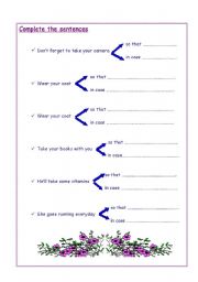 English Worksheet: so that & in case