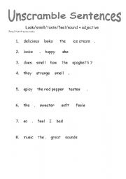 English Worksheet: sense verbs - unscramble