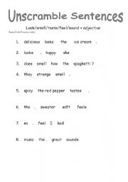 English worksheet: sense verbs - unscramble