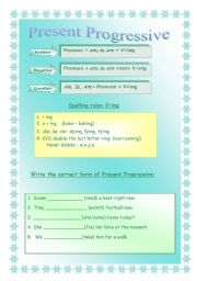 English worksheet: Present Progressive-rules and practice