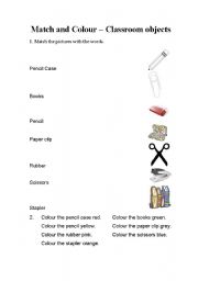 English Worksheet: Match and Colour - Classroom objects