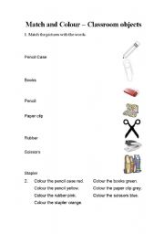 English worksheet: Match and Colour - Classroom objects