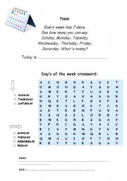 English Worksheet: Days of the week crosswords