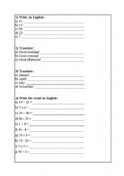 English worksheet: Exercises Vocabulary and Numbers