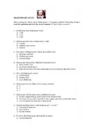 English Worksheet: SHAKESPEARE QUIZ -SHAKESPEARE BIOGRAPHY -ELIZABETHAN THEATRE